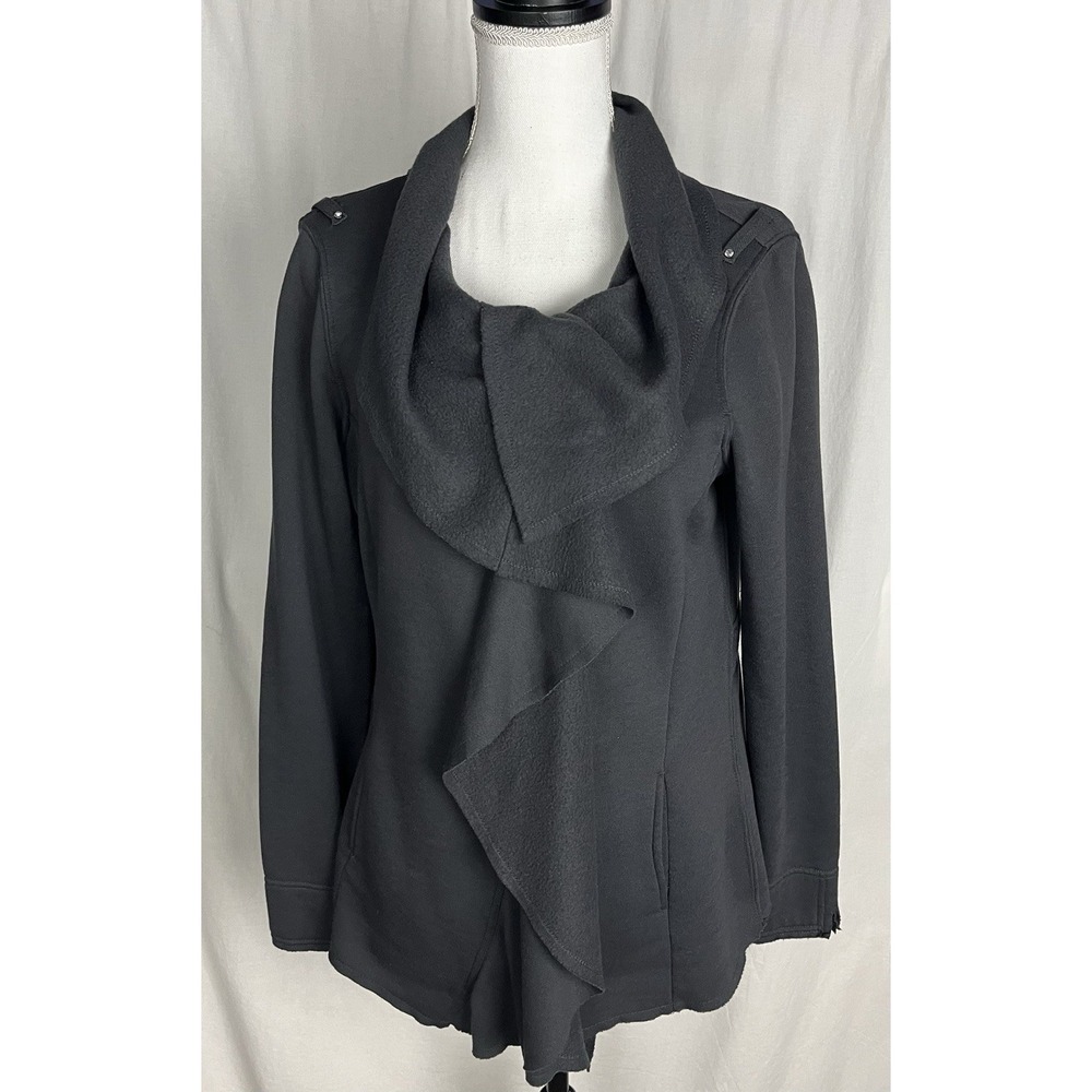 Blanc Noir Draped Front Jacket Women M Gray Fleece Waterfall Collar